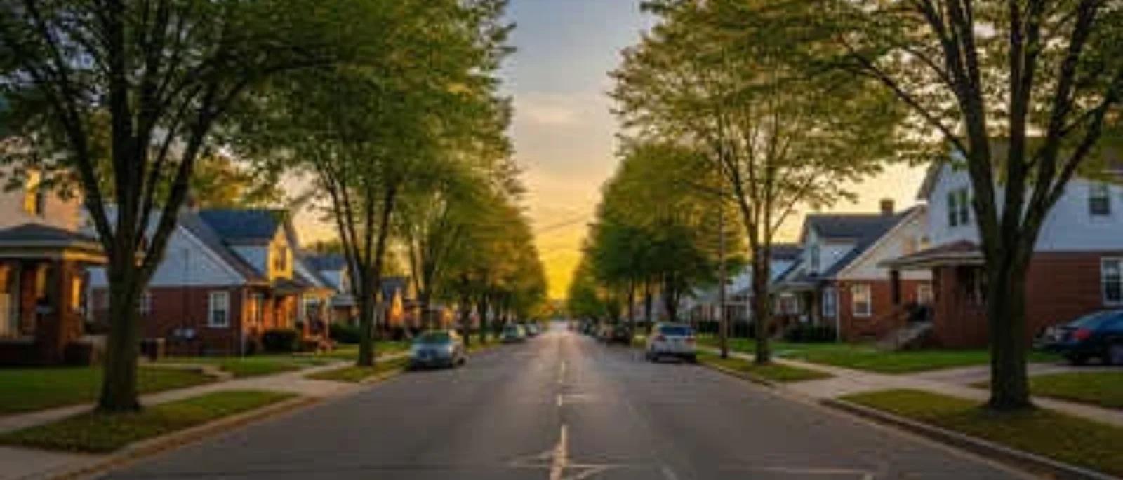 A tree-lined residential street at sunset in Glasgow, Kentucky